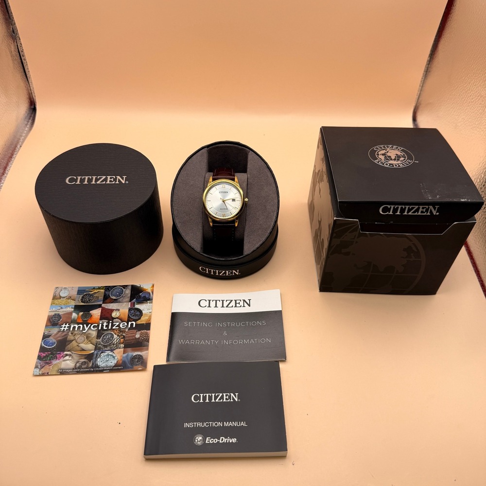 Citizen AW1232-04A Eco-Drive Men's Classic Watch Gold Tone, White Dial, Brown Le